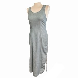 BCBGENERATION denim blue cotton cutout back side slit maxi dress says size 8.